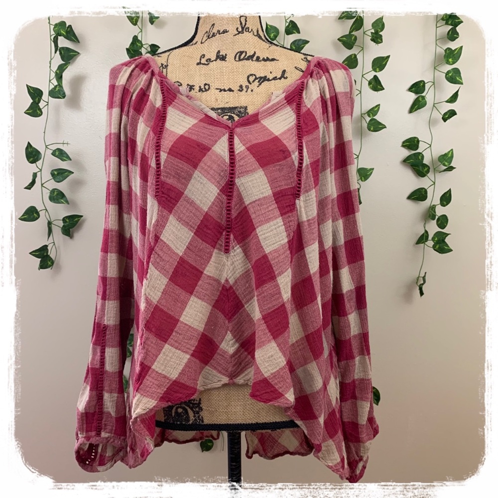 Free People Red/Tan Buffalo Plaid Boho Top sz. L